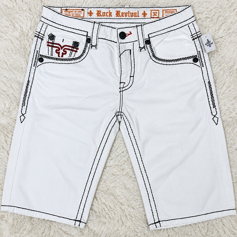Rock Revival Stanley White Denim Shorts Mens 32 Embroidered Back Flap Pockets